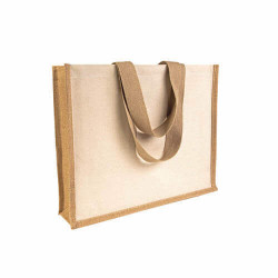 Shopper con soffietto alla base in juta e canvas Shopper con soffietto alla base in juta e canvas
